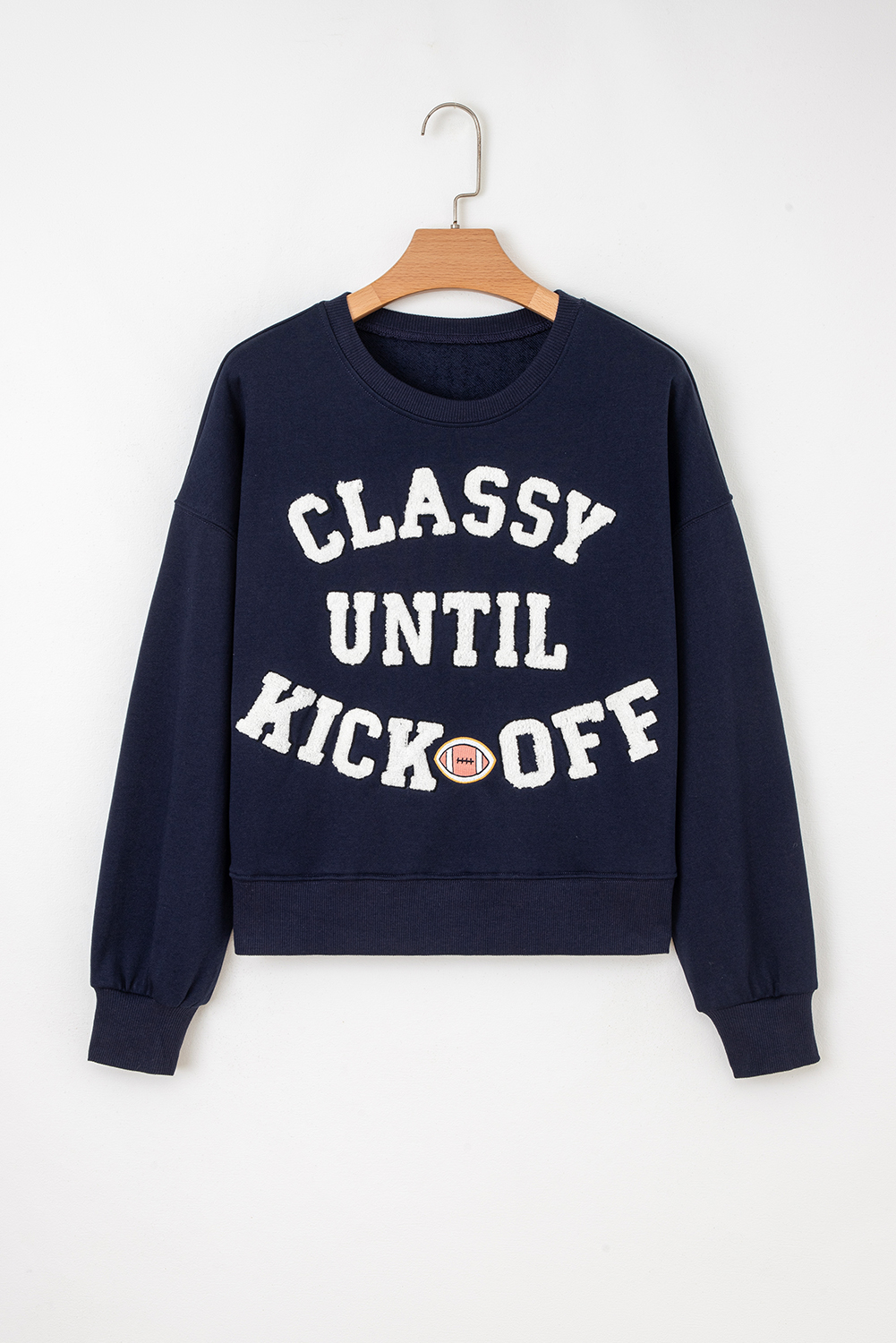 Black CLASSY UNTIL KICKOFF Plush Letter Patched Loose Sweatshirt - loveforevers
