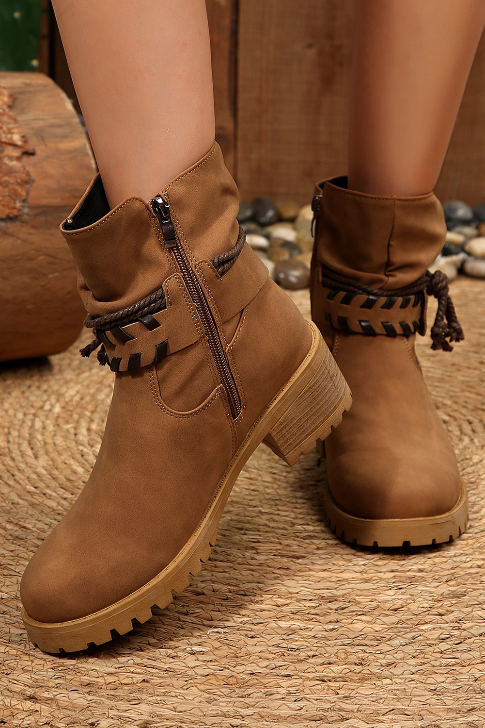 Chestnut Faux Suede Contrast Rope Detail Side Zip Boots - loveforevers
