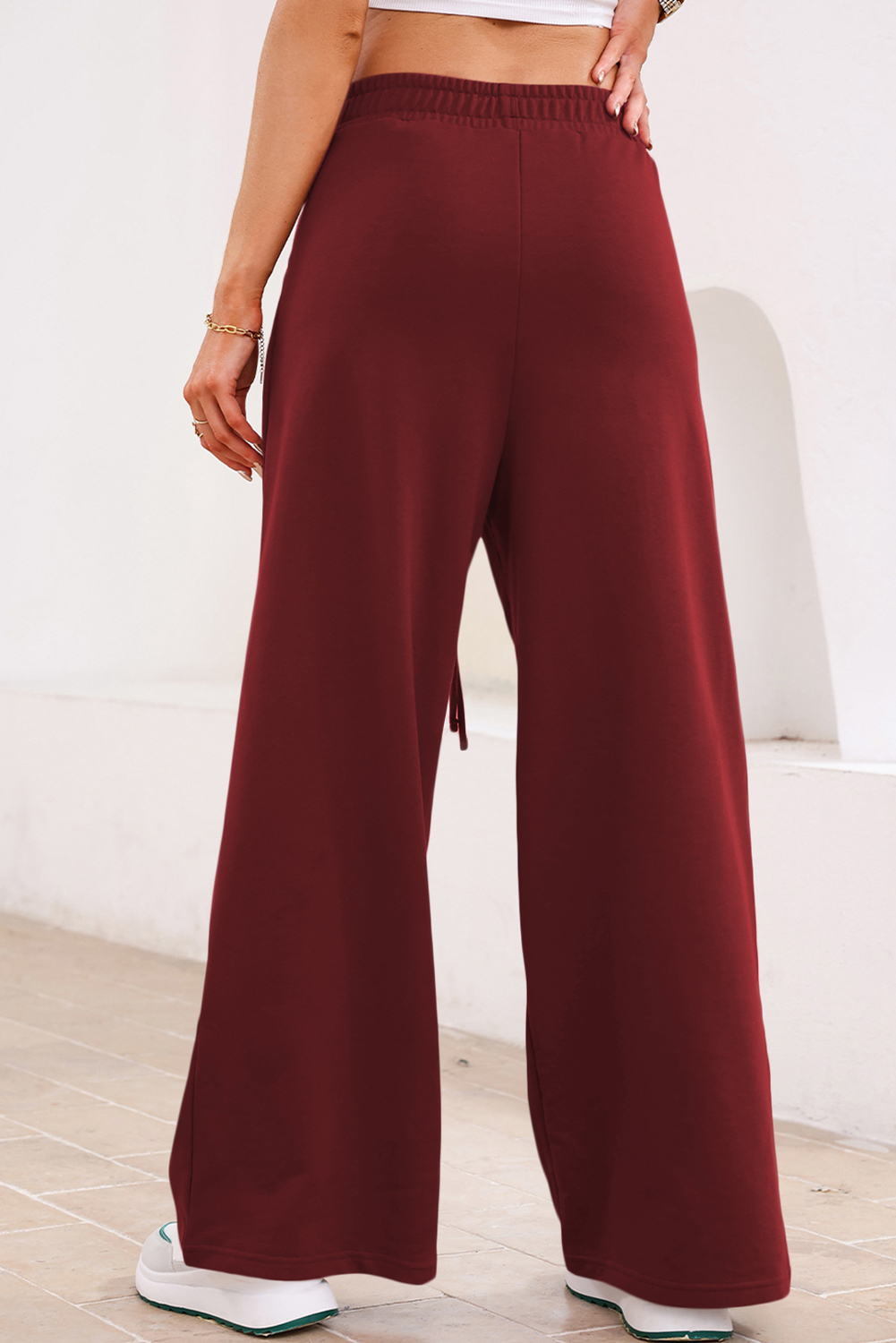Burgundy Tied Elastic High Waist Pleated Detail Solid Sweatpants - loveforevers