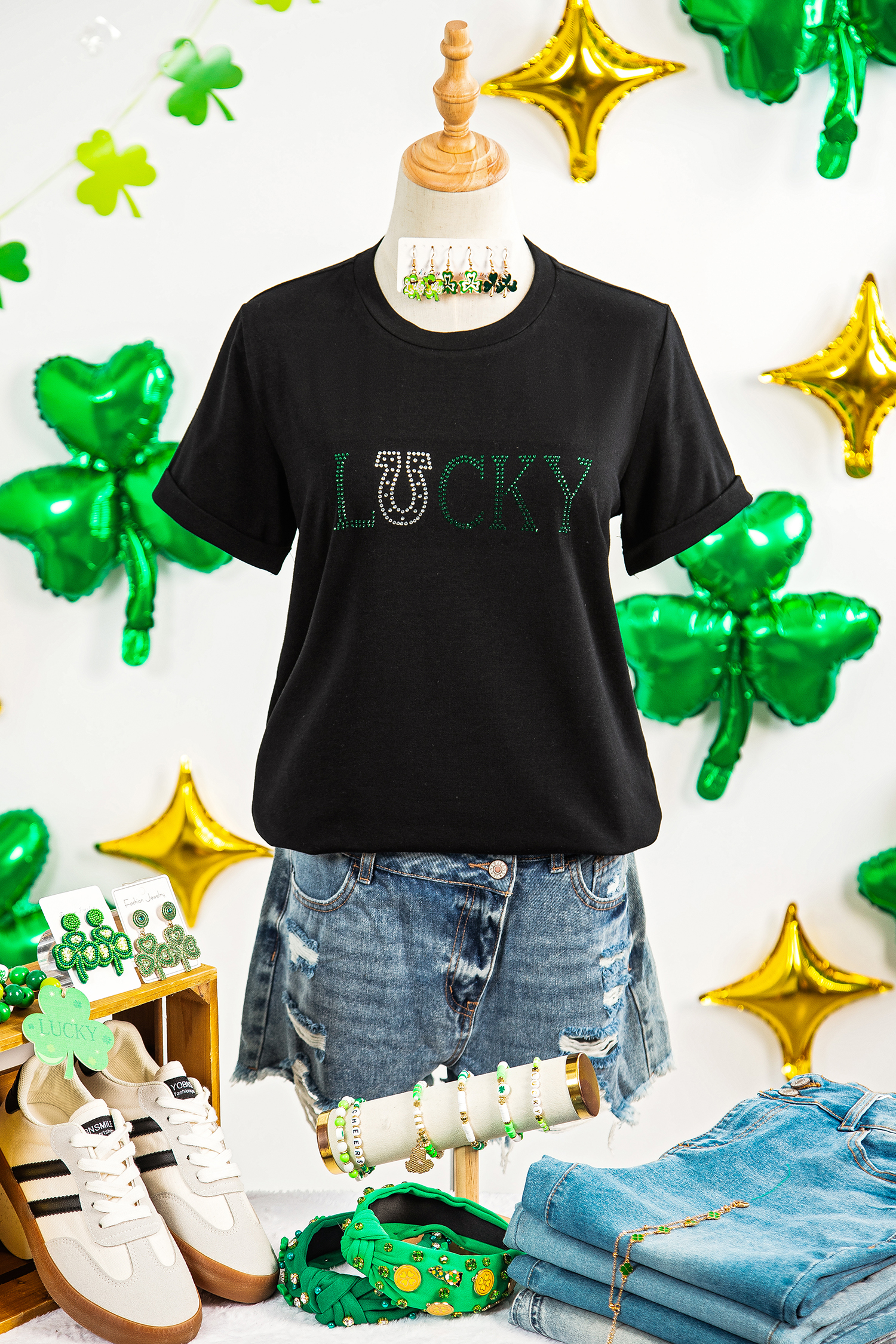 Black LUCKY Rhinestone Graphic Rolled Sleeve Tee - loveforevers