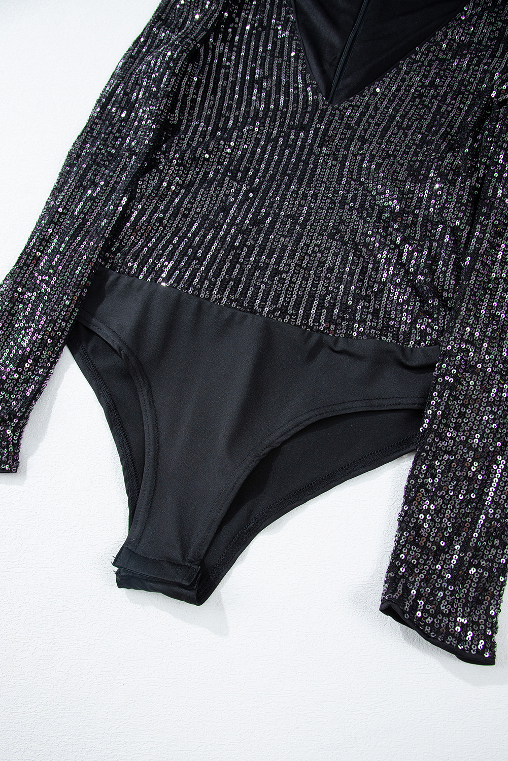 Black Sequin V Neck Zipped Long Sleeve Bodysuit - loveforevers