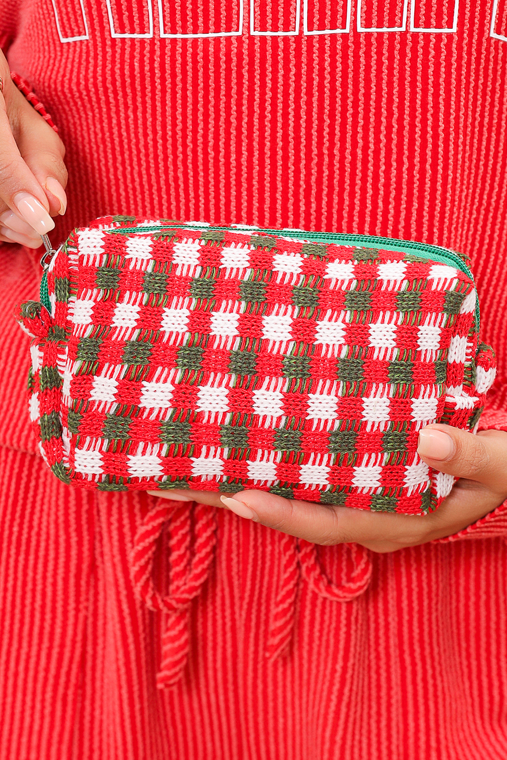 Racing Red Christmas Style Crochet Zipper Square Makeup Bag - loveforevers