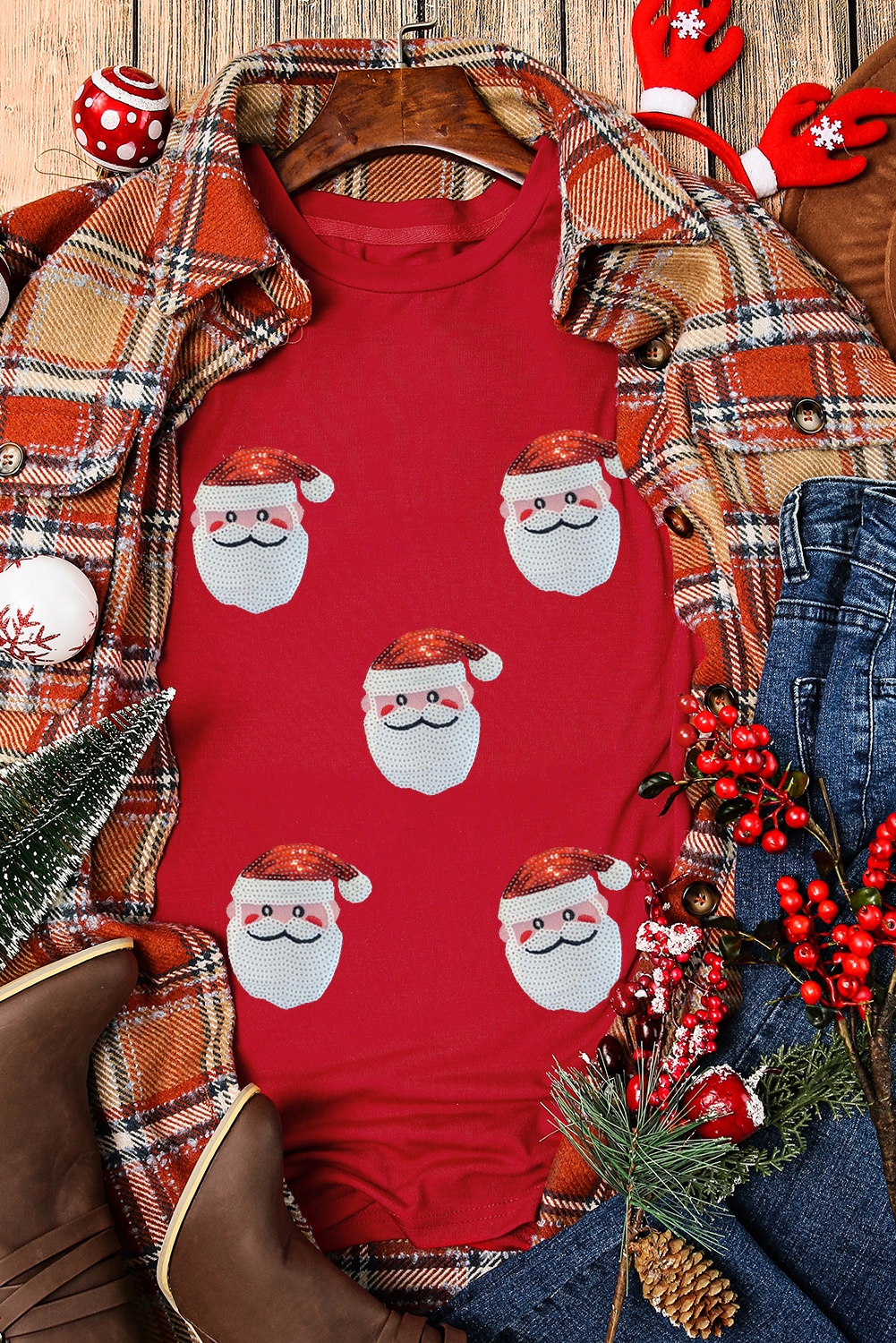 Black Faux Sequin Christmas Claus Pattern Crewneck T Shirt - loveforevers