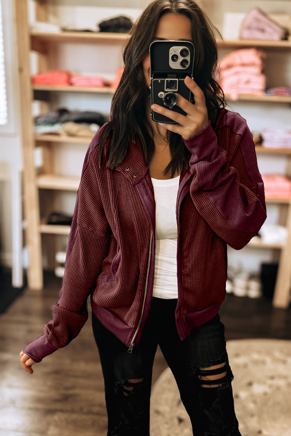 Burgundy Waffle Splicing Zip Up Front Button Hooded Jacket - loveforevers