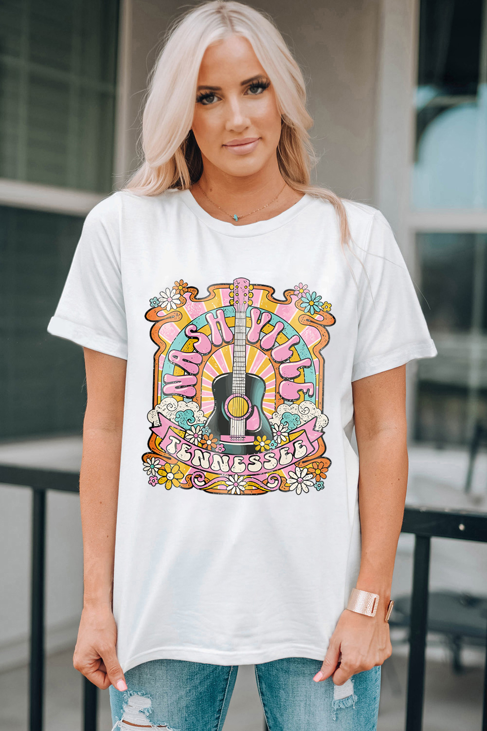 White NASHIVILLE Guitar Graphic Country Music T Shirt - loveforevers