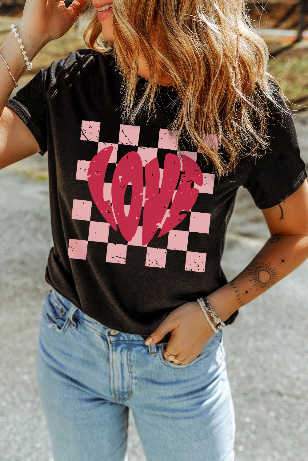 Black LOVE Checkered Graphic Valentine Tee - loveforevers