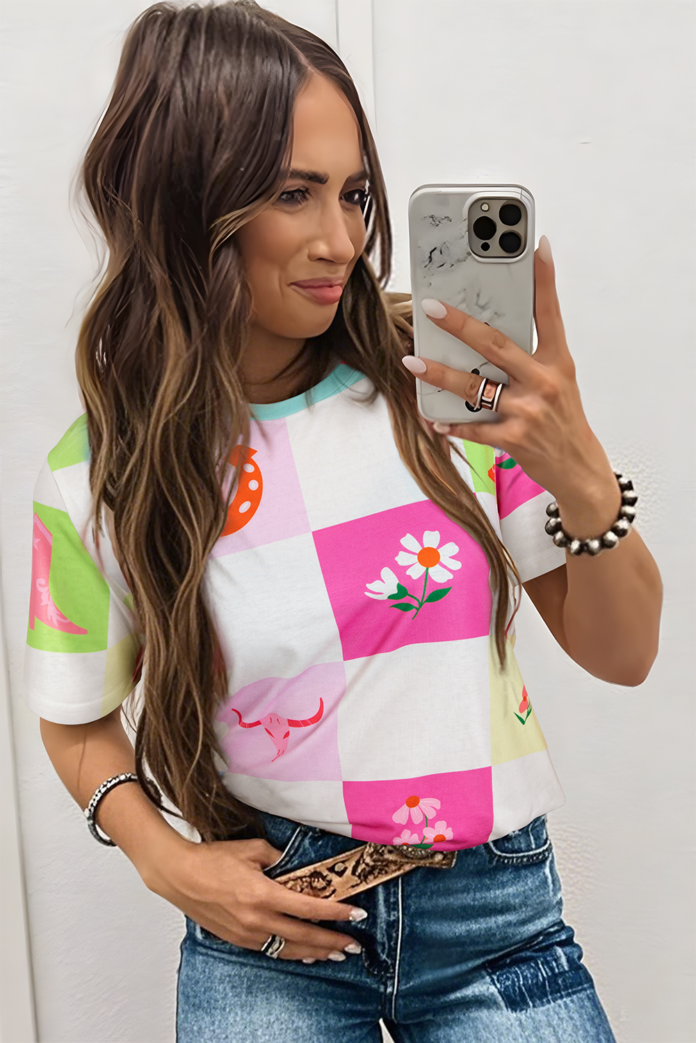 Purple Western Fashion Checker Print Crewneck T Shirt - loveforevers