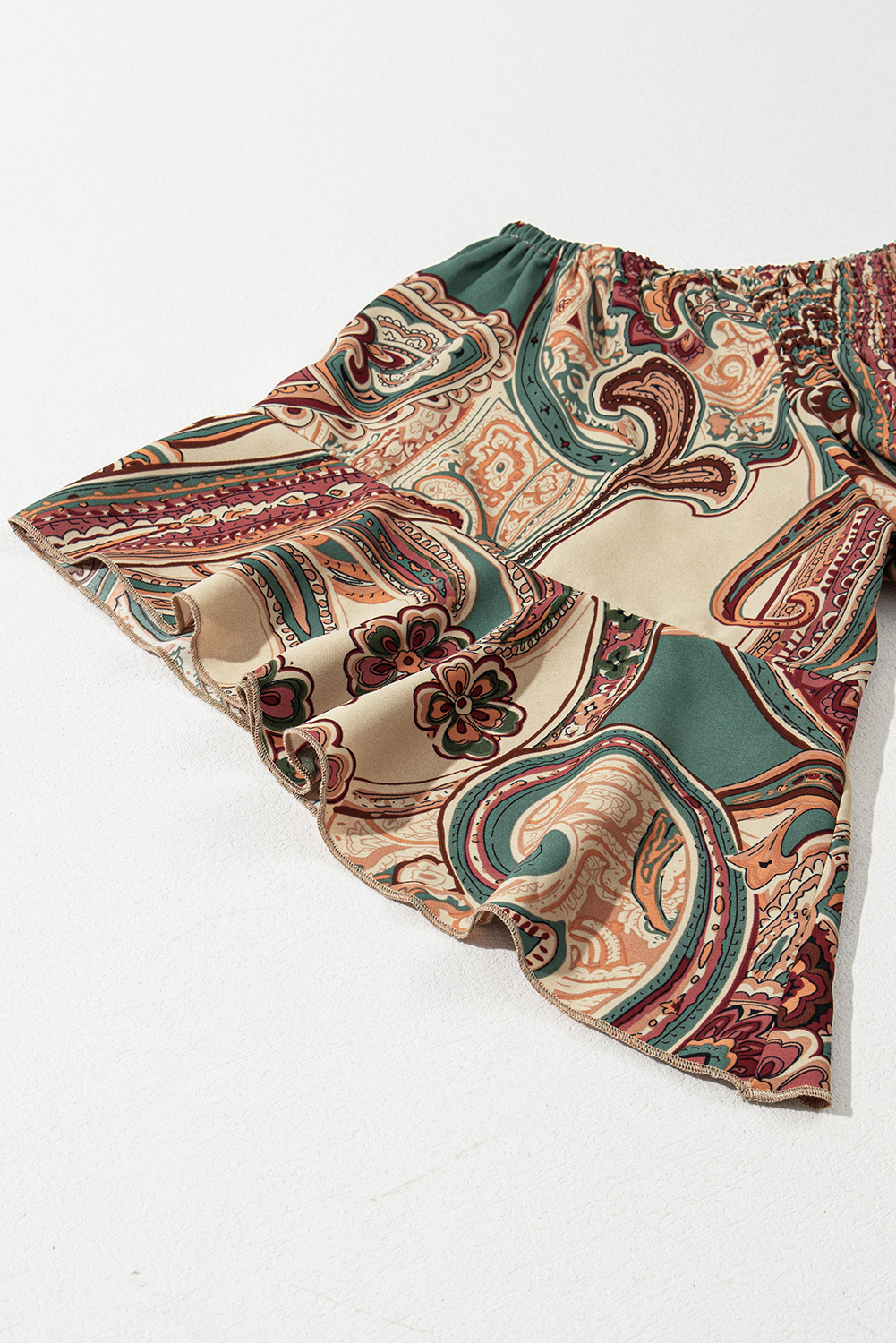 Apricot Paisley Printed Shirred Off Shoulder Ruffled Draped Sleeve Blouse - loveforevers