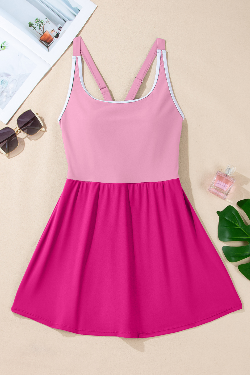 Bright Pink Contrast Edge Ruffled High Waist One Piece Swim Dress - loveforevers