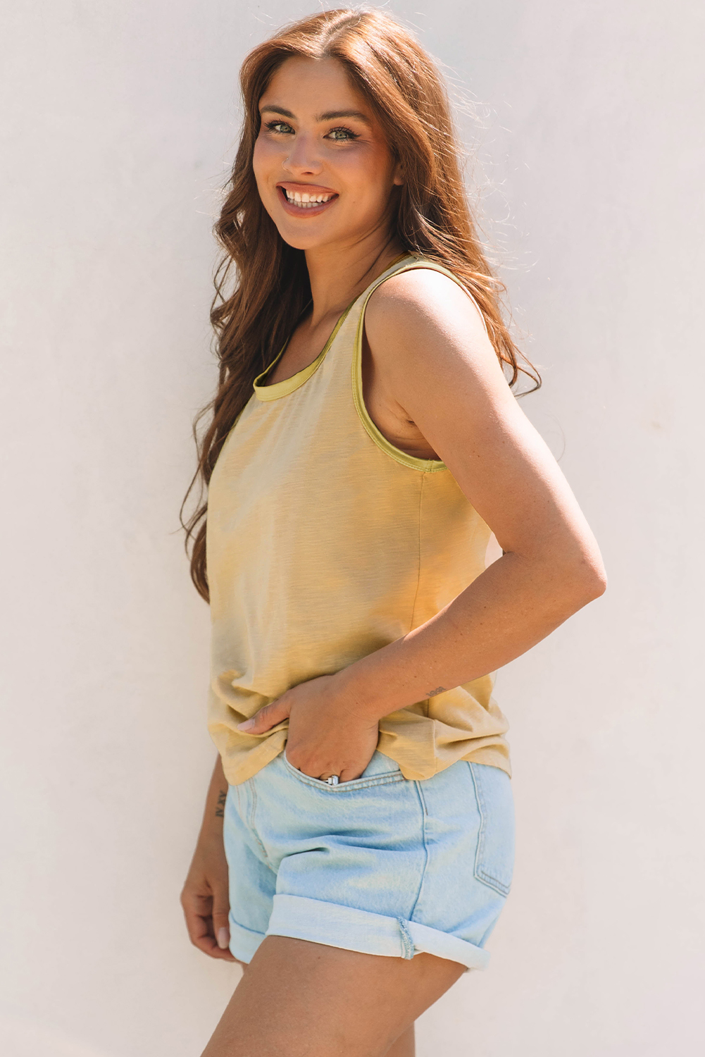 Tan Metallic Sheen Edge Scoop Neck Tank Top - loveforevers