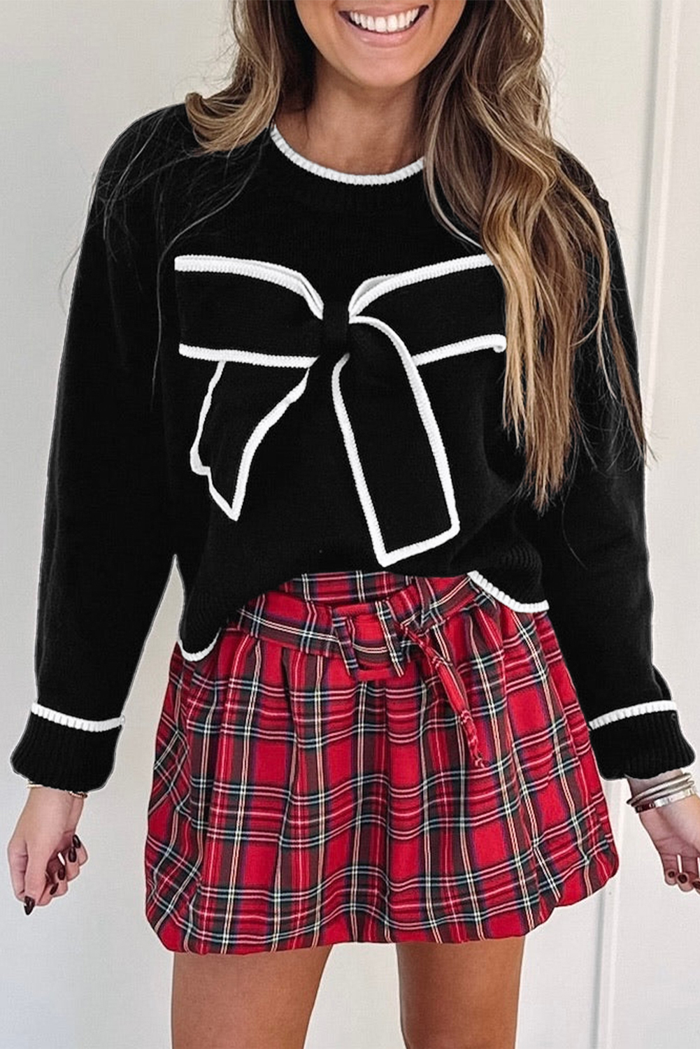 Black Contrast Trim Big Bow Accent Holiday Cropped Sweater - loveforevers