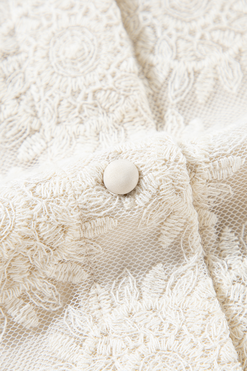 Oatmeal Flower Jacquard Button Back Ruffled 3/4 Sleeve Blouse - loveforevers