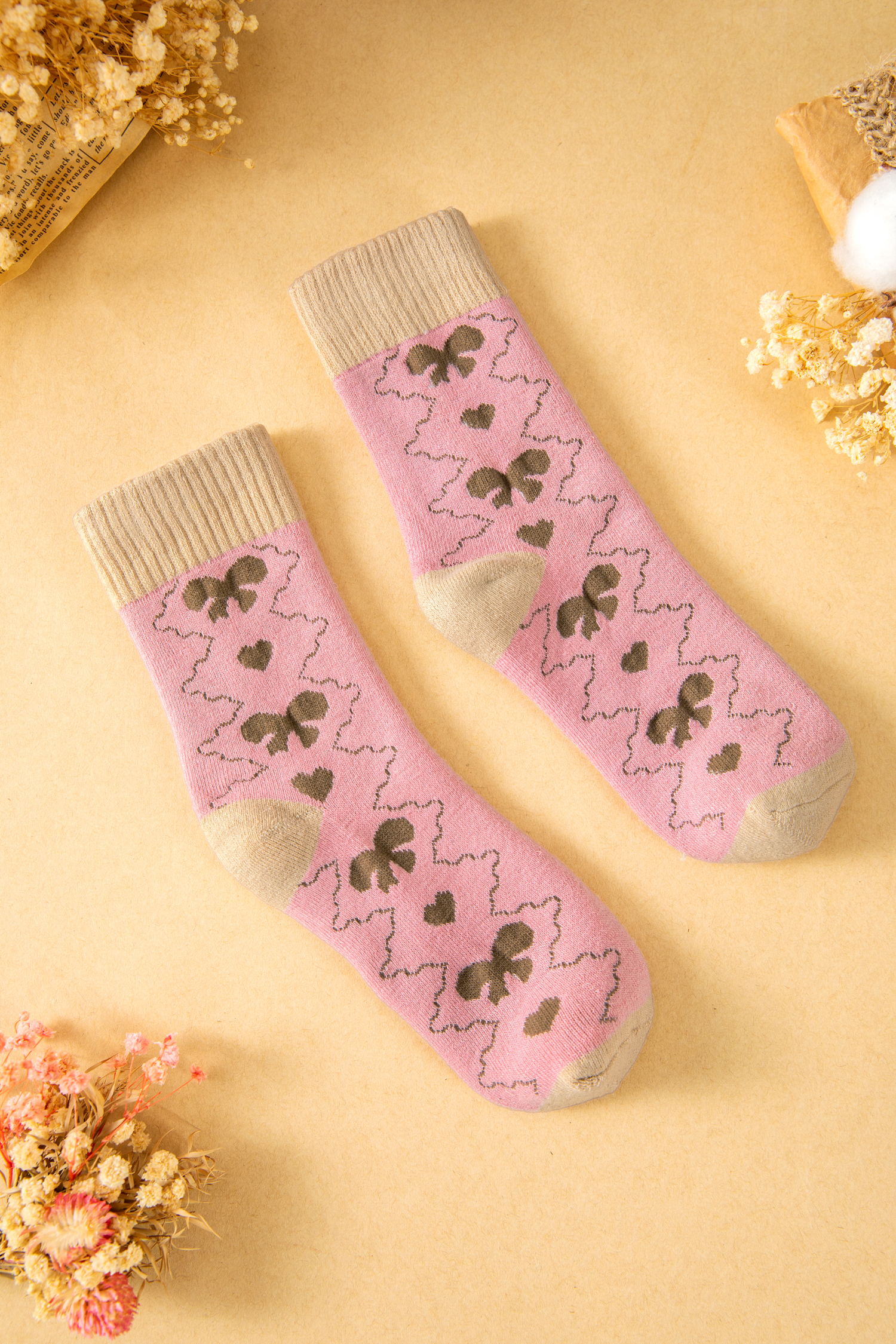 Pink Geometric Bow Heart Printed Ribbed Cuffs Winter Socks - loveforevers