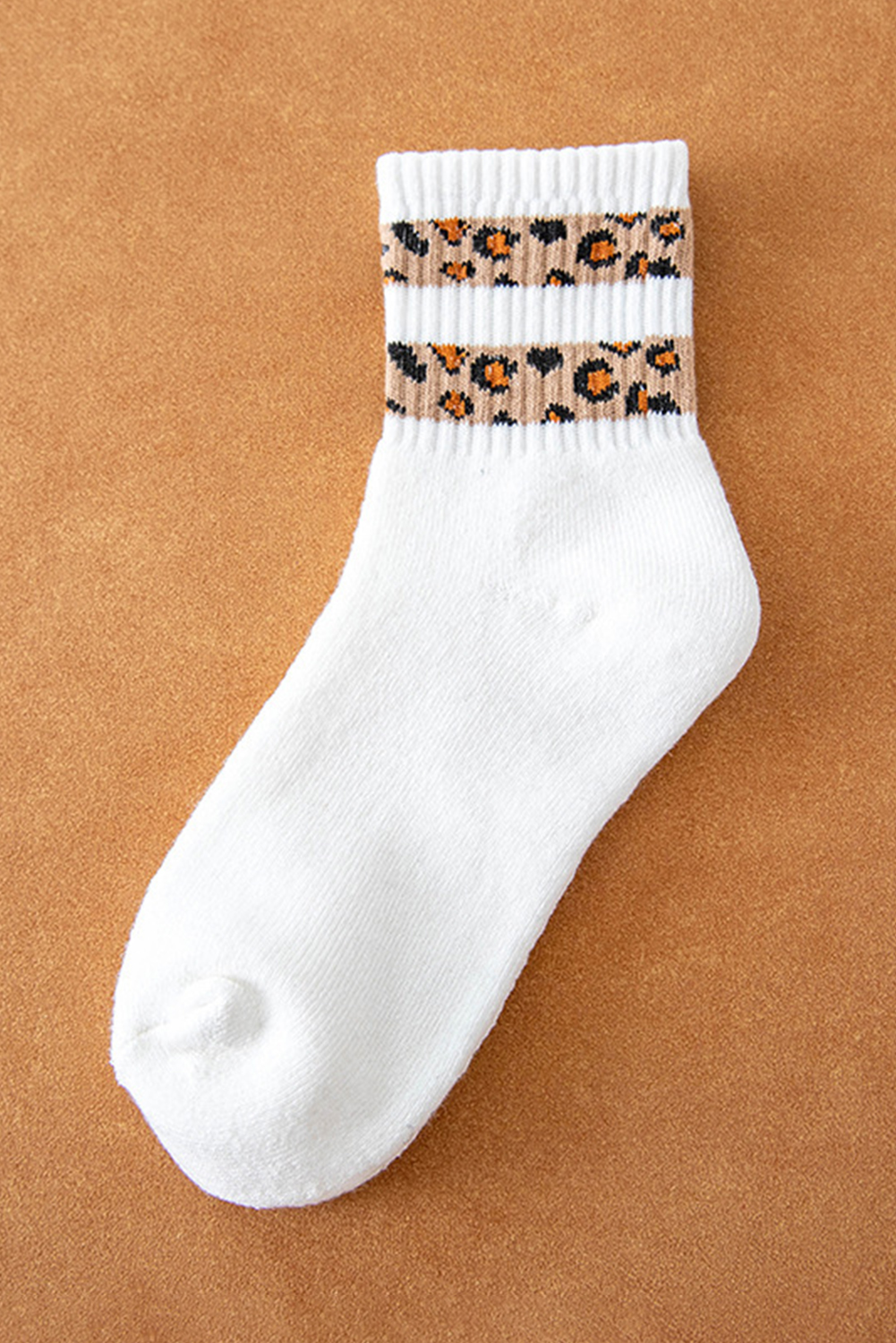 White Leopard Striped Detail Ribbed Cuffs Womens Socks - loveforevers