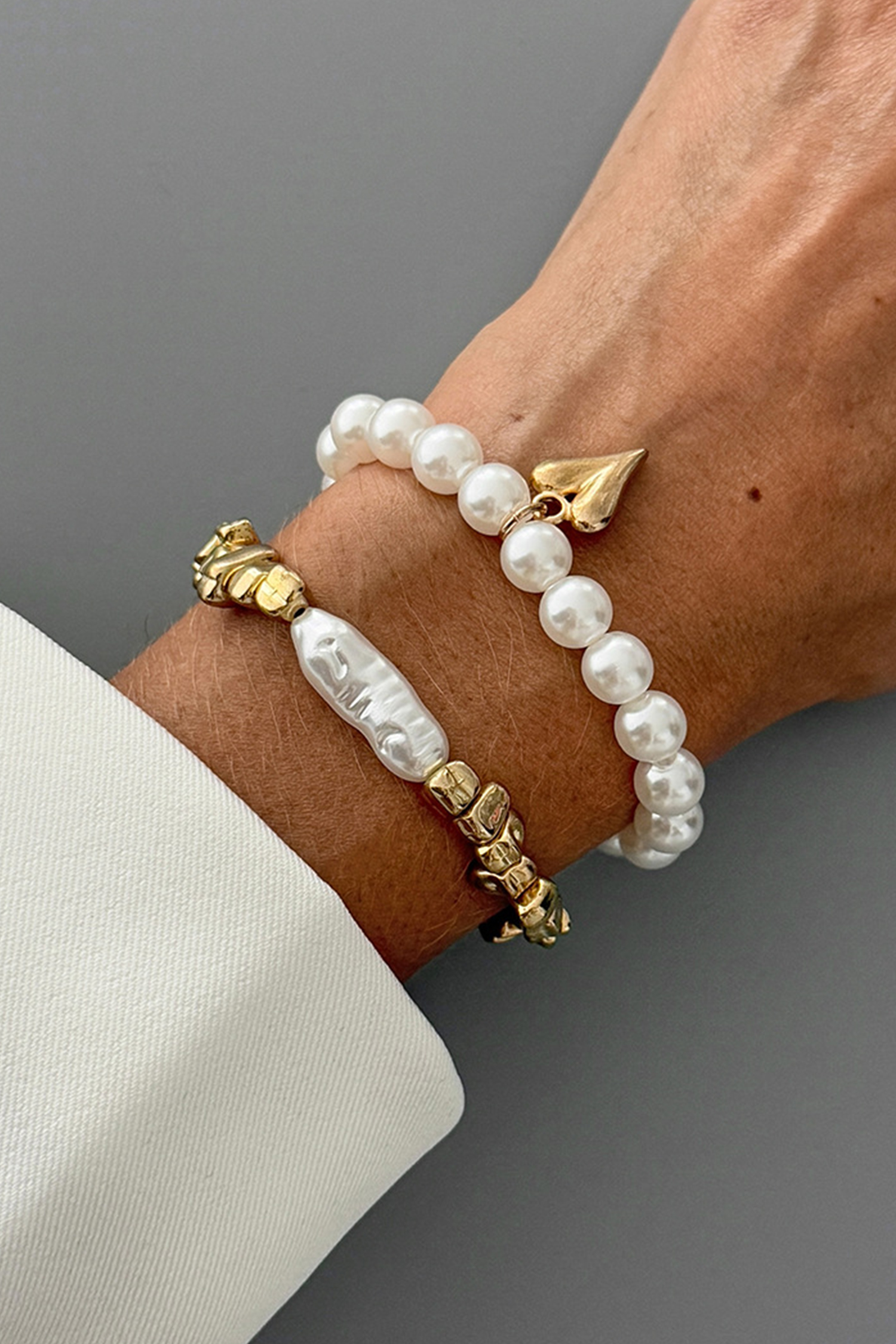 Gold Plated Irregular Bead Pearl Contrast Heart Decor 2pcs Bracelet Set - loveforevers