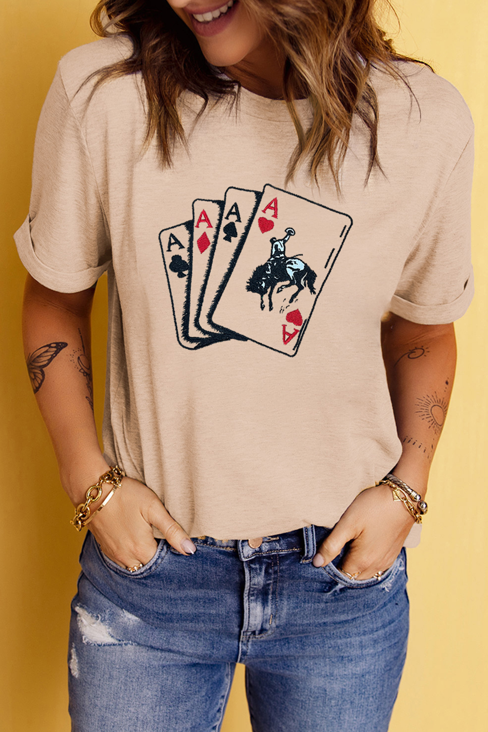 Khaki Poker Queen Embroidered Graphic Tee - loveforevers