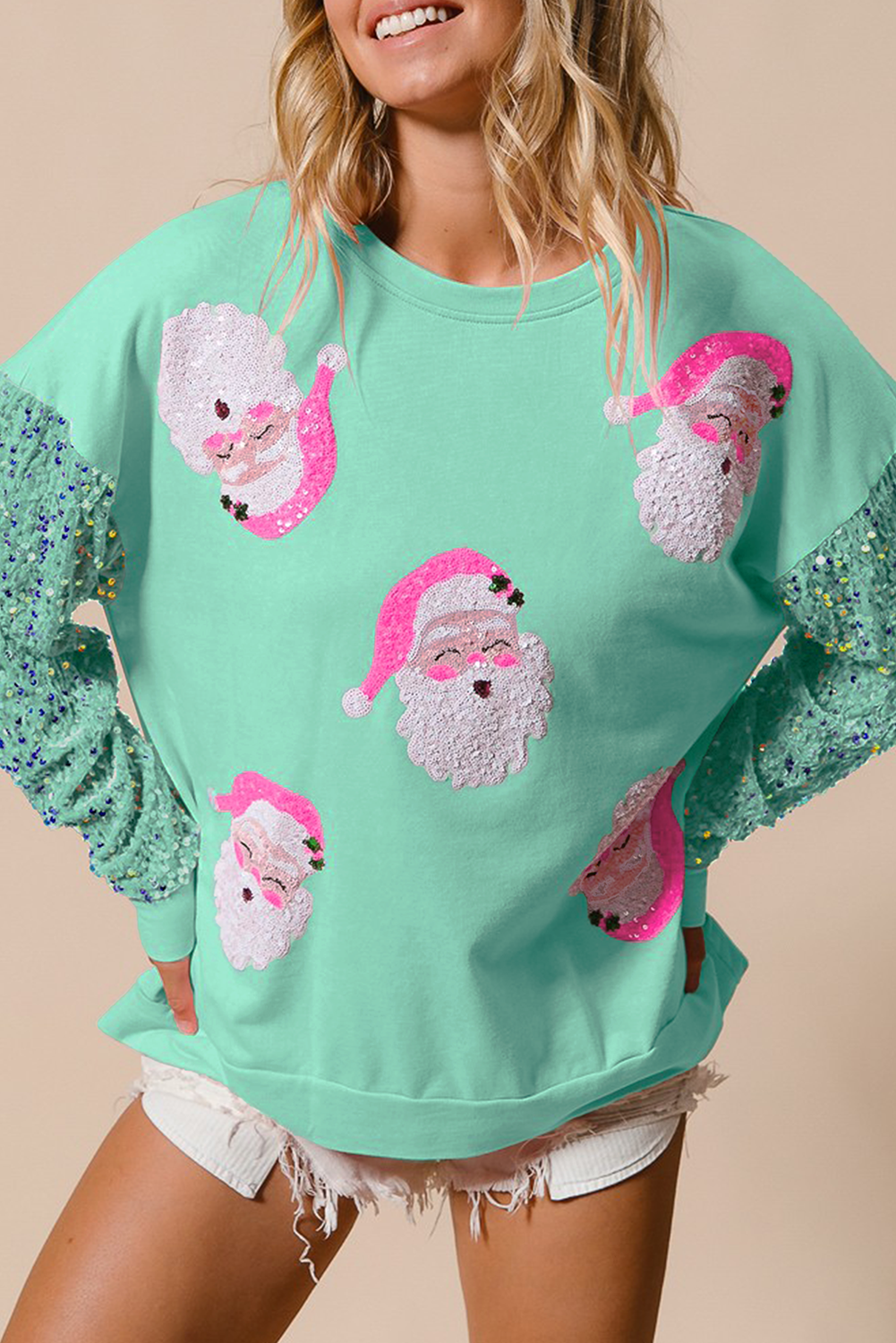 Moonlight Jade Sequined Santa Claus Long Sleeve Christmas Sweatshirt - loveforevers