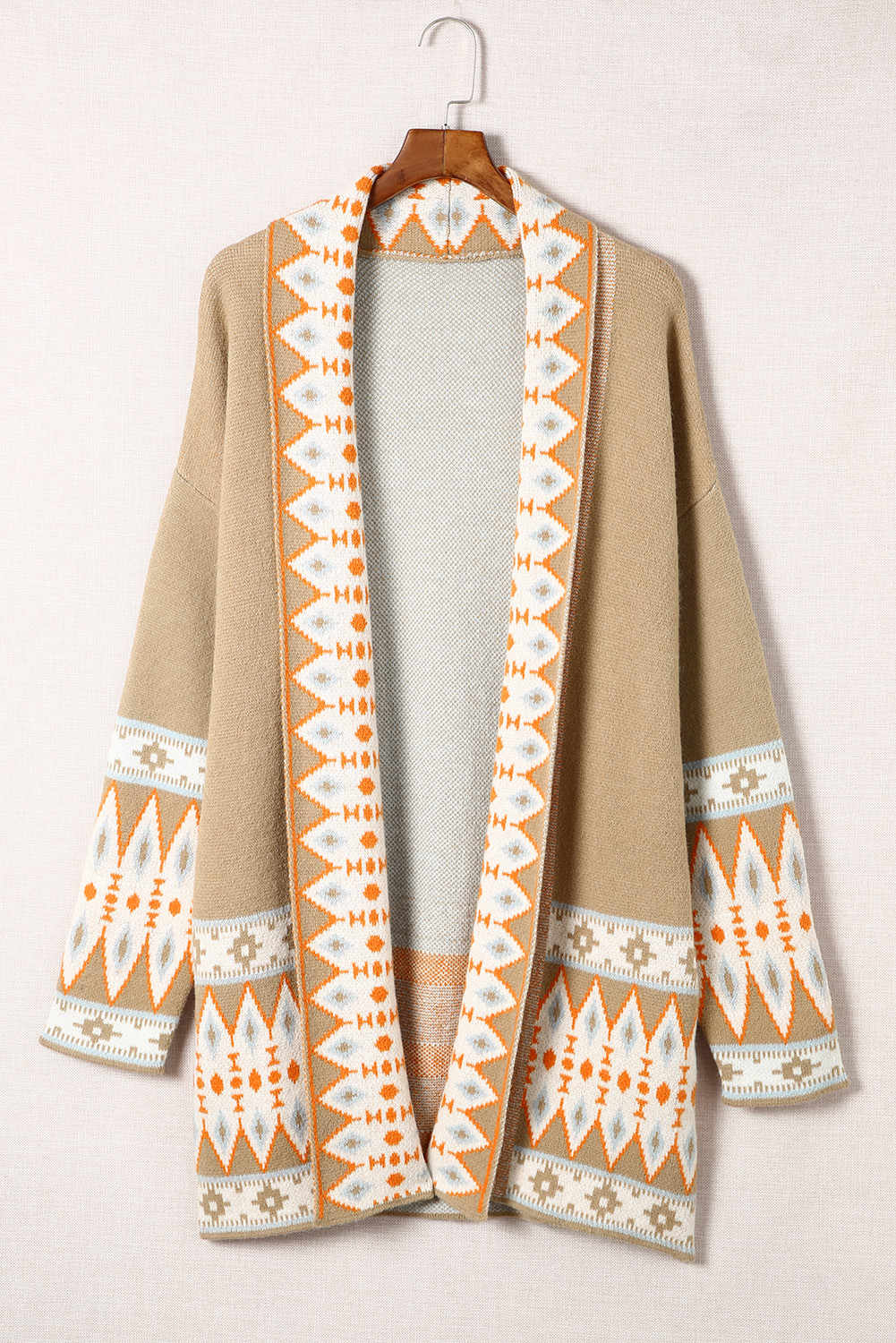 Brown Aztec Print Open Front Knitted Cardigan - loveforevers