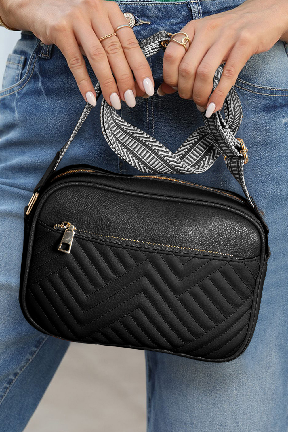 Black Quilted Faux Leather Crossbody Bag 22*6*16cm - loveforevers