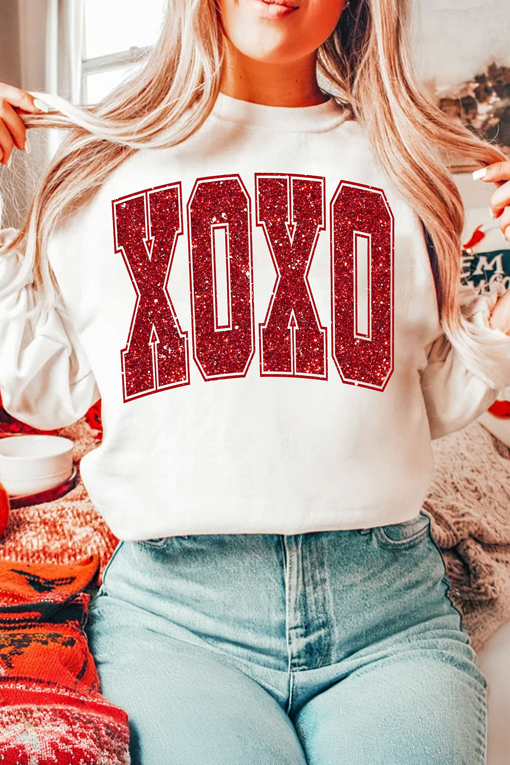 White Glitter XOXO Graphic Crewneck Valentines Pullover Sweatshirt - loveforevers