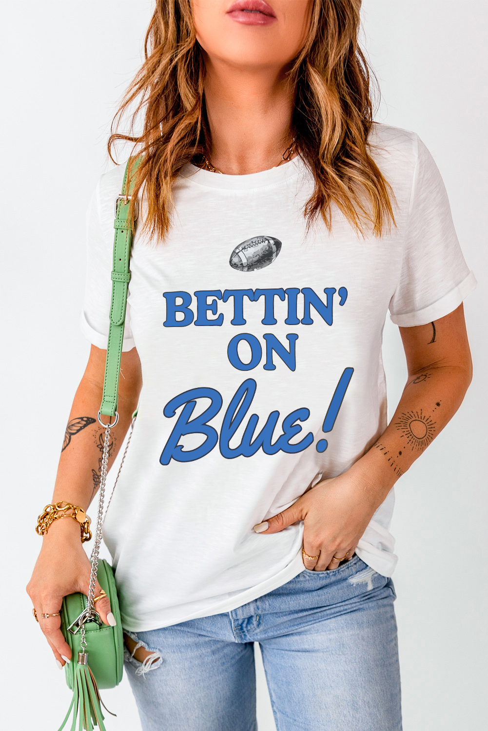 White Rugby Football BETTIN ON Blue Graphic Crewneck T Shirt - loveforevers