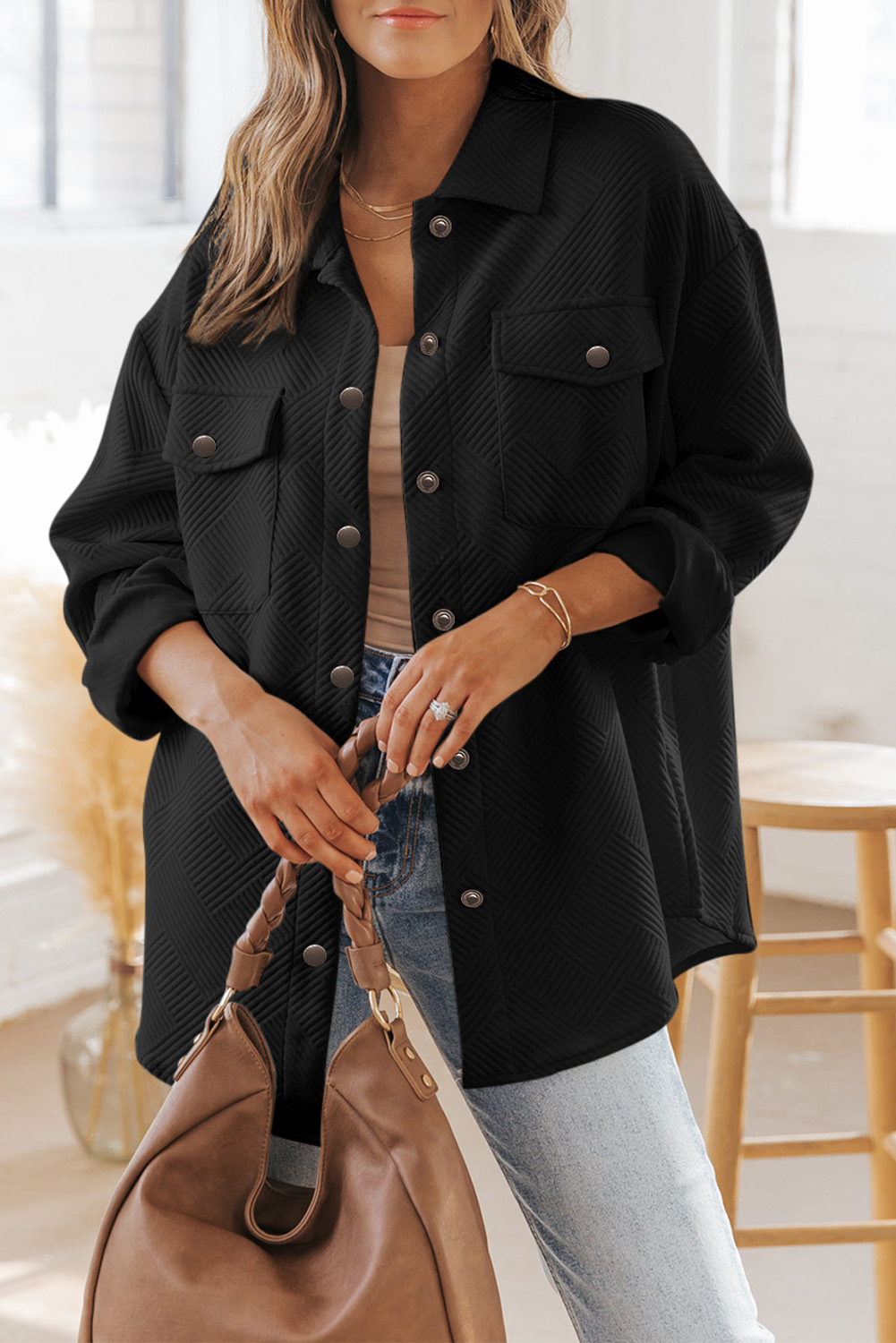 Black Solid Textured Flap Pocket Buttoned Shacket - loveforevers