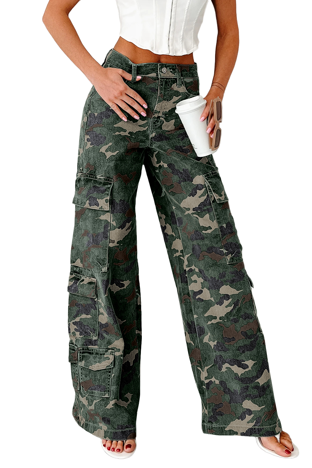 Green Camo Denim Cargo Wide Leg Pants - loveforevers