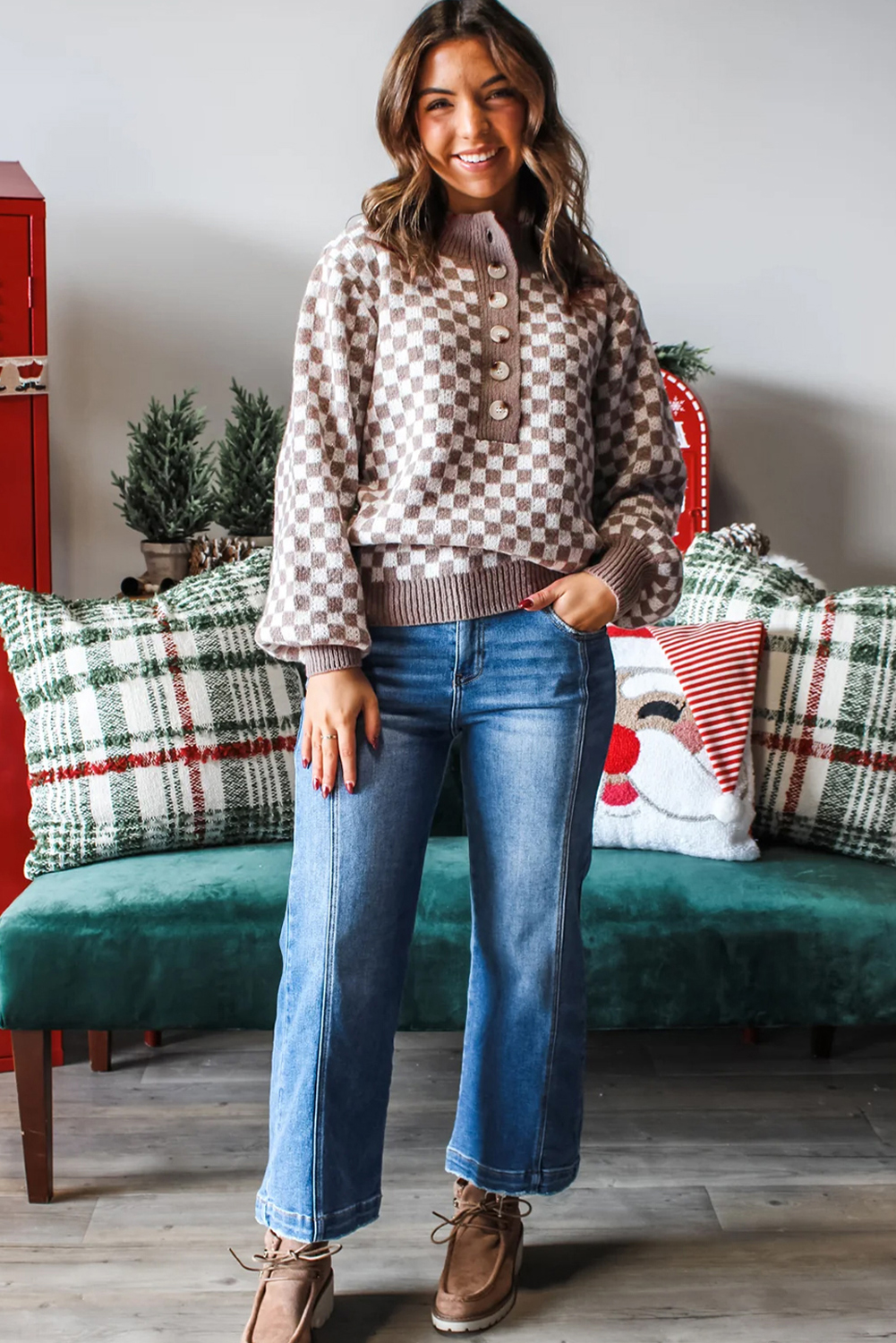 Dark Brown Half Button Ribbed Trim Checkerboard Knit Sweater - loveforevers