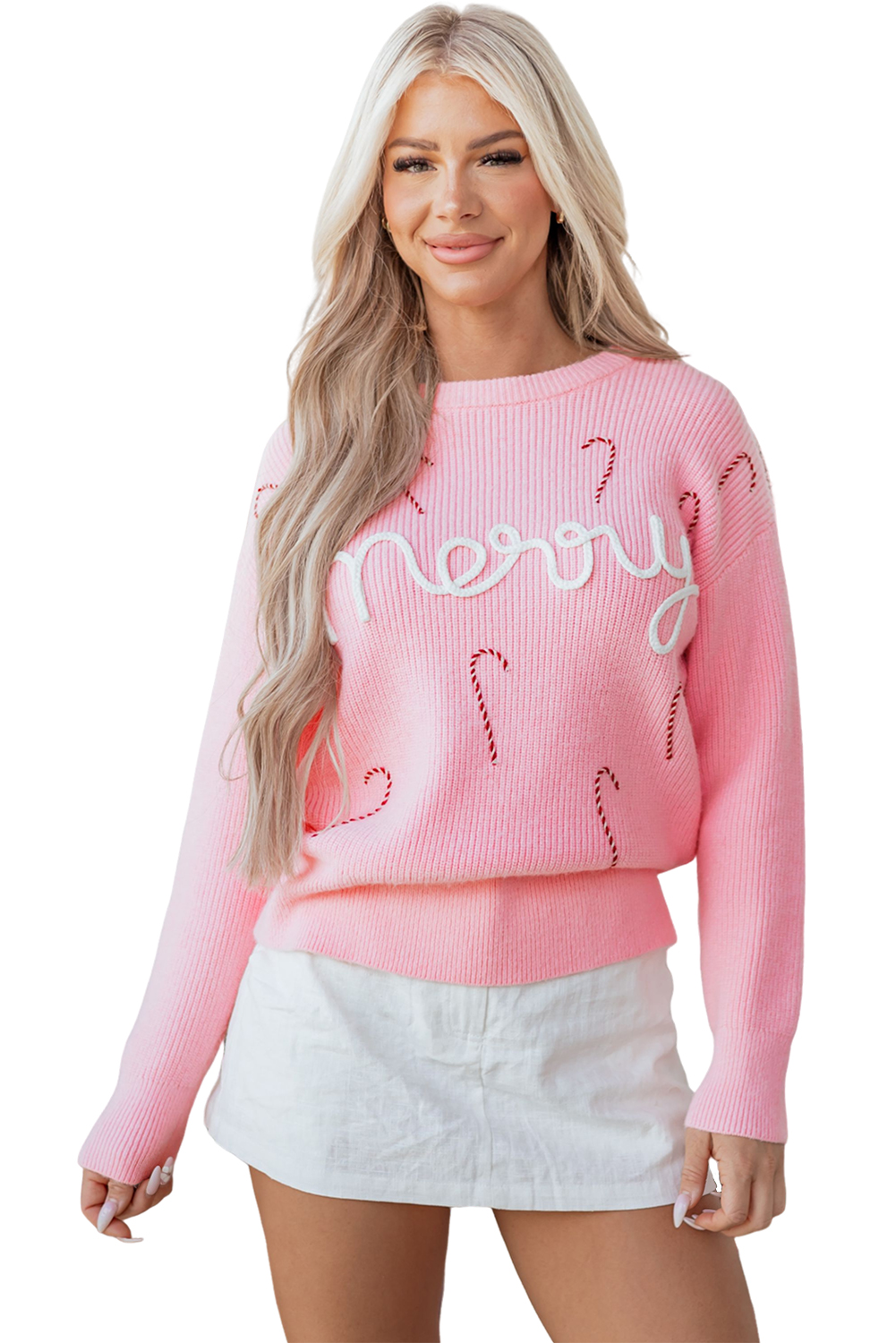 Pink Merry Candy Cane Puffy Knit Crew Neck Sweater - loveforevers