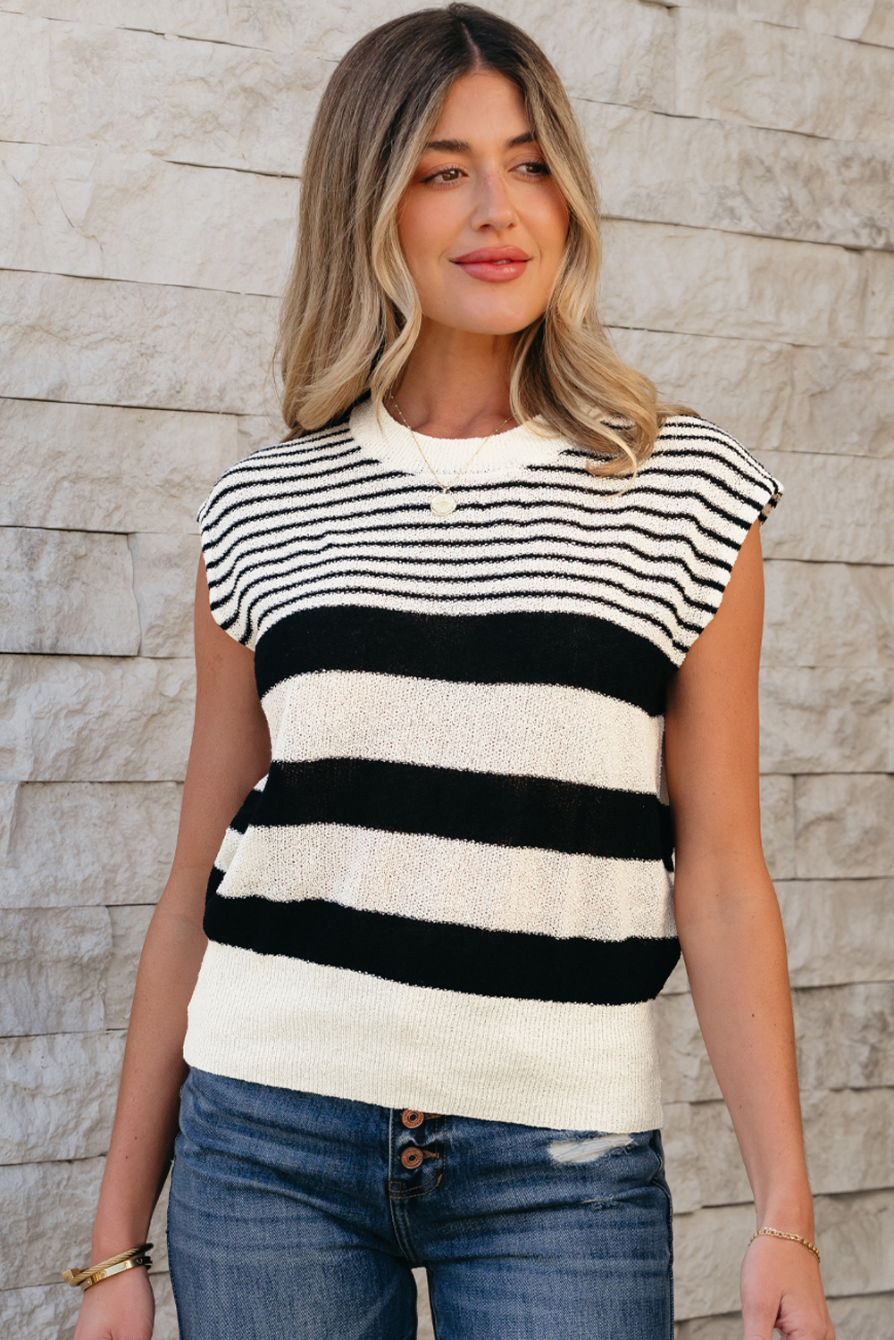Black white Striped O Neck Sweater Vest - loveforevers