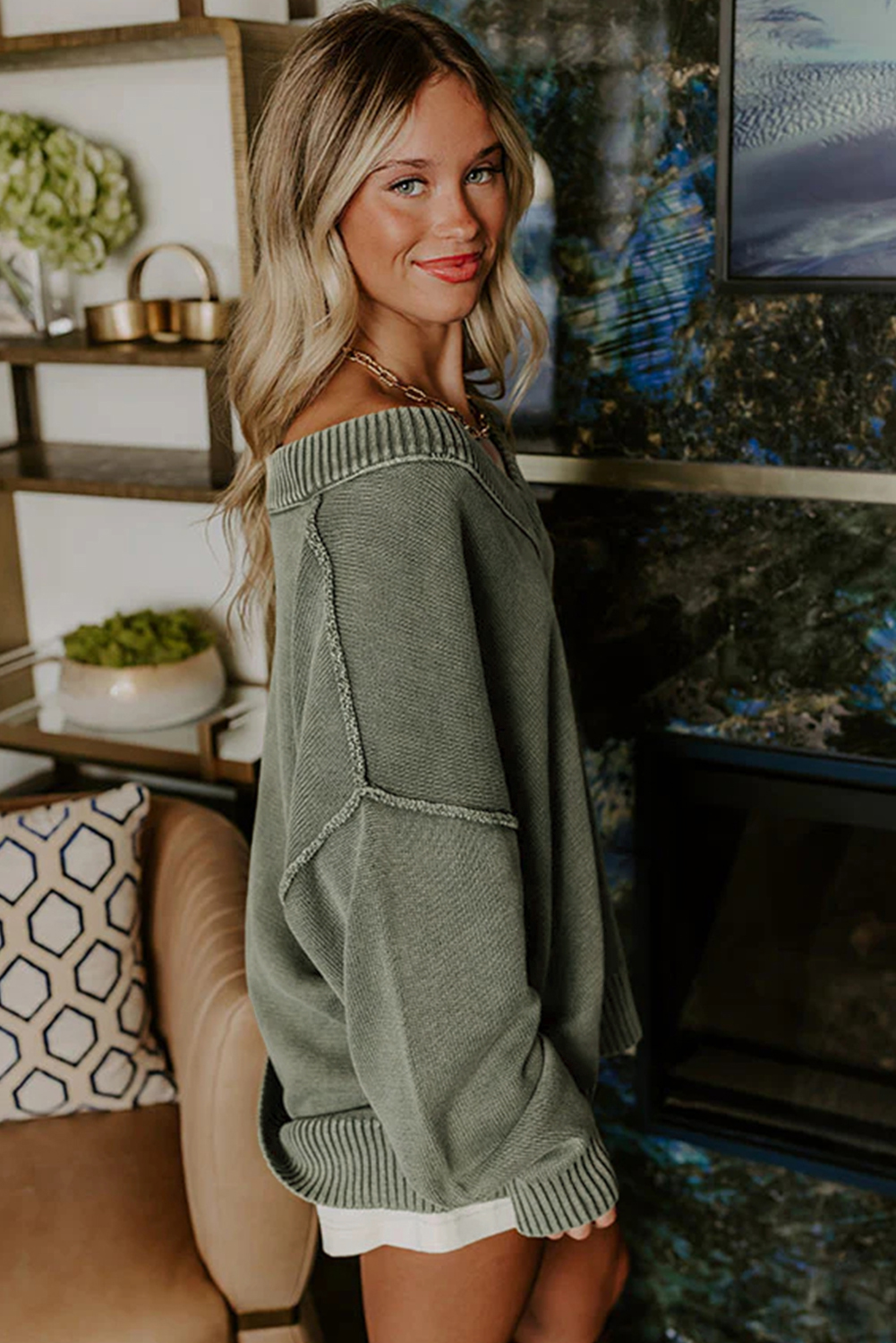 Four Leaf Clover Mineral Wash V Neck Knit Exposed Seam Drop Shoulder Loose Sweater - loveforevers