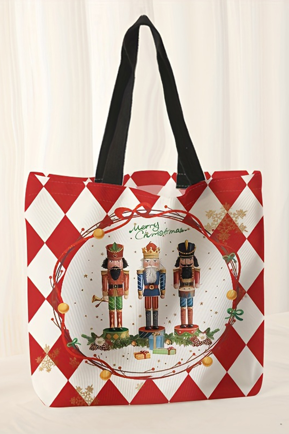 Fiery Red Checkered Merry Christmas Nutcracker Printed Canvas Shoulder Bag - loveforevers
