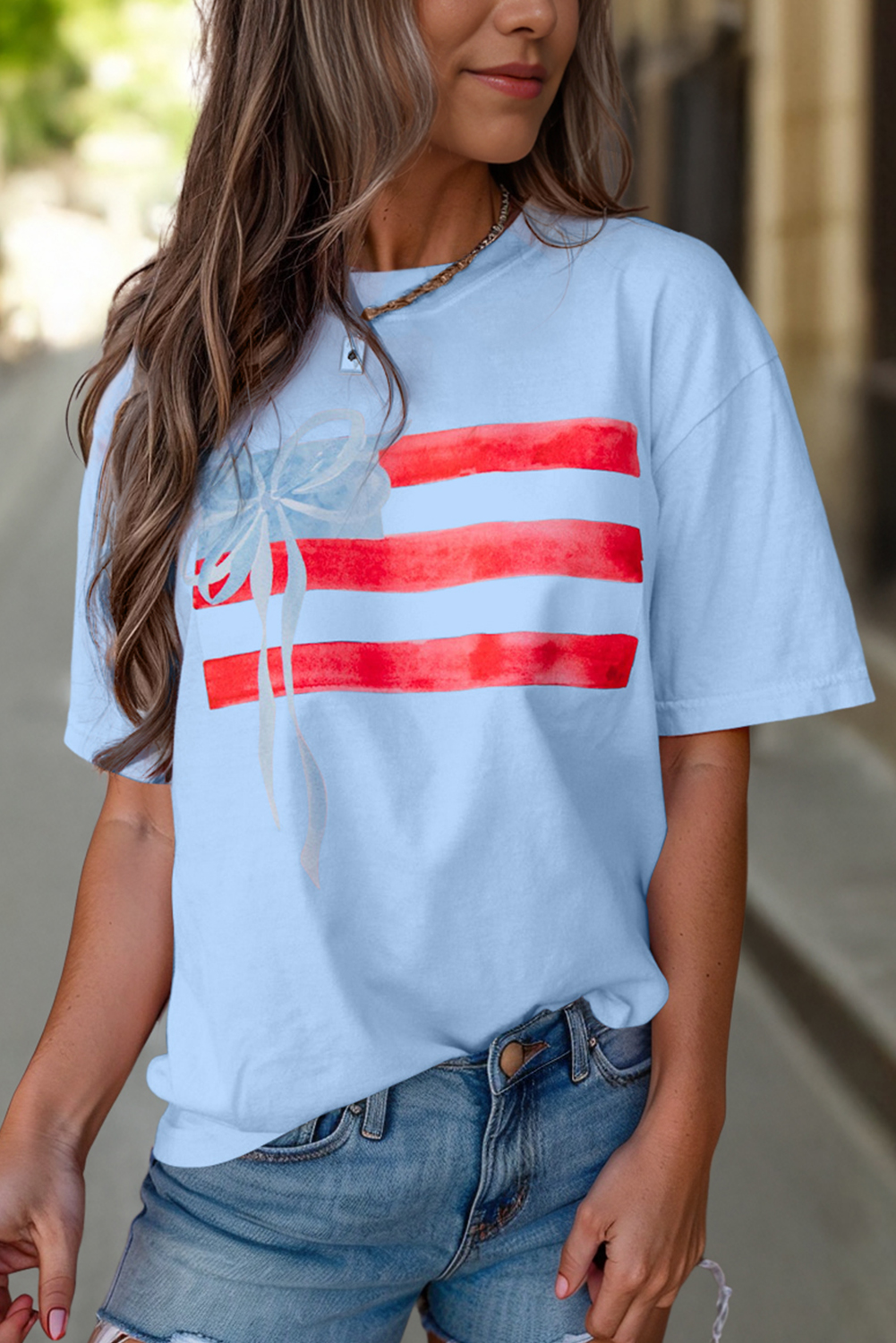 Myosotis Flag Bow Graphic Crewneck Tee - loveforevers