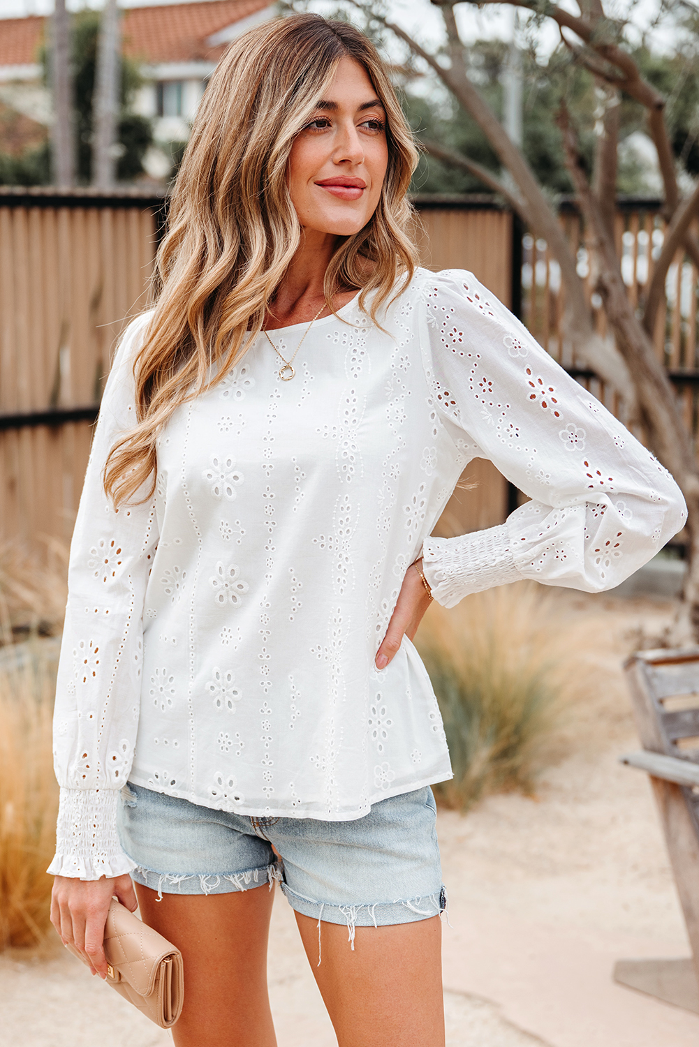 White Eyelet Embroidered Smocked Cuff Sheer Blouse - loveforevers