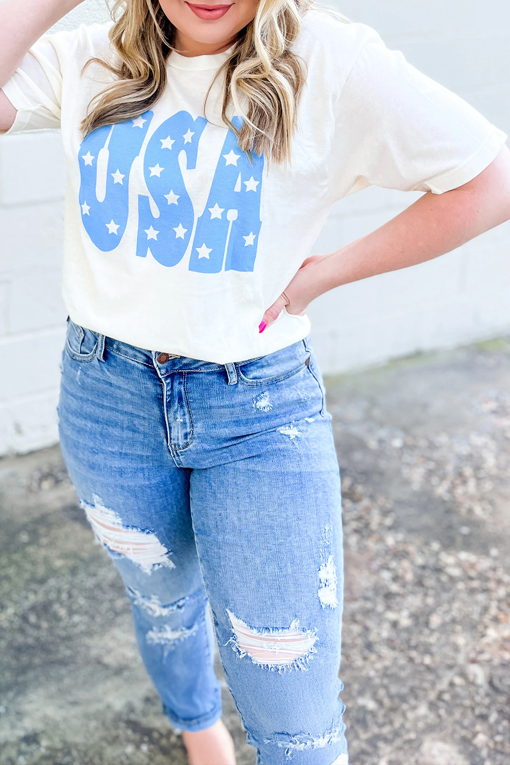 Sky Blue USA Graphic Crewneck Plus Size Patriotic Tee - loveforevers