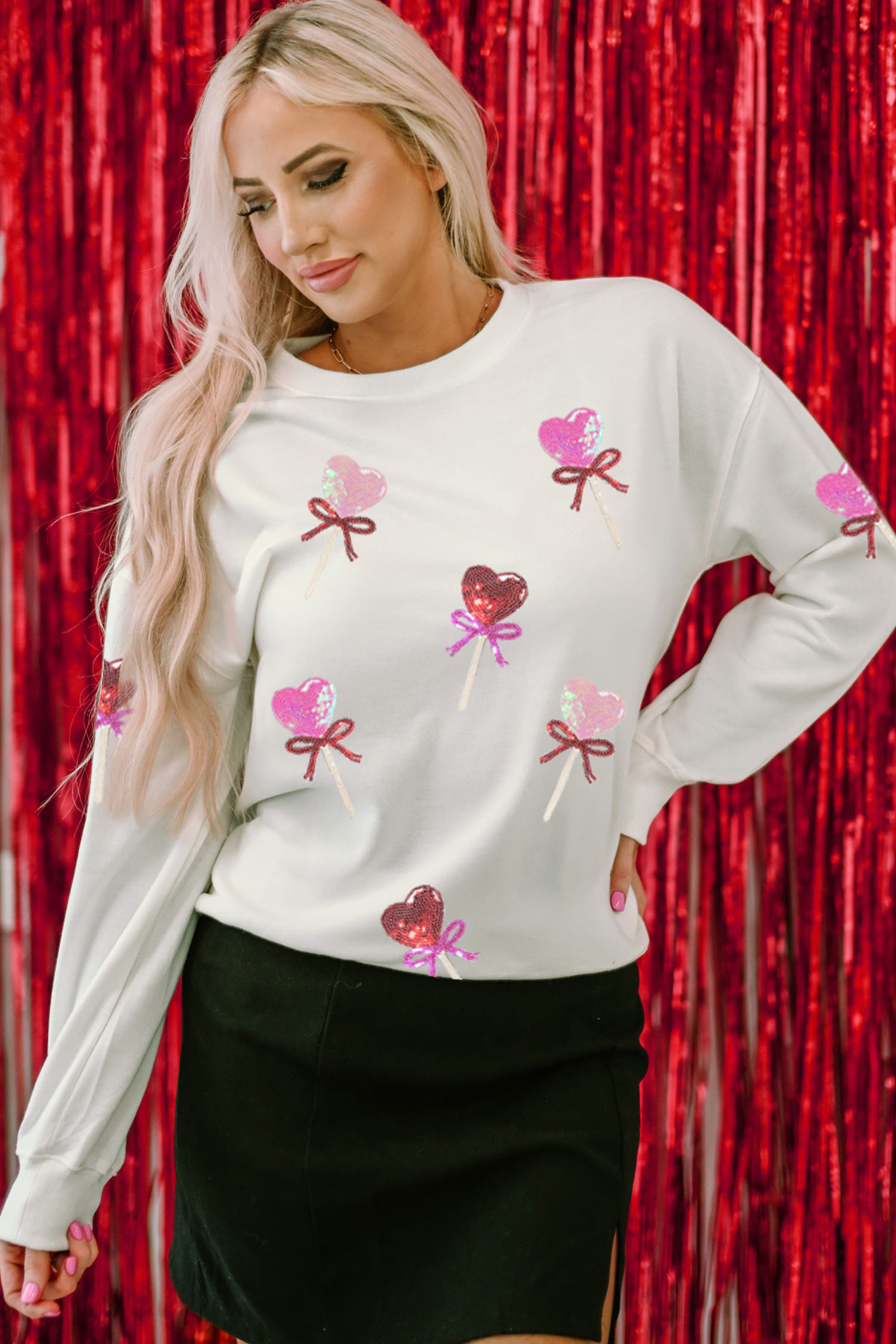 White Sequin Bow Heart Shape Lolly Valentines Day Graphic Sweatshirt - loveforevers