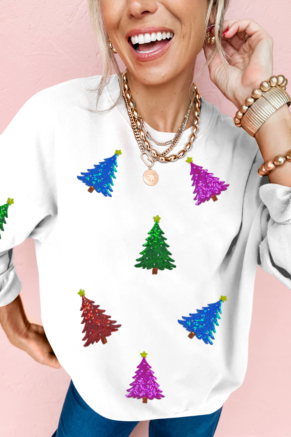 White Shiny Christmas Tree Patched Patterned Festive Sweatshirt - loveforevers