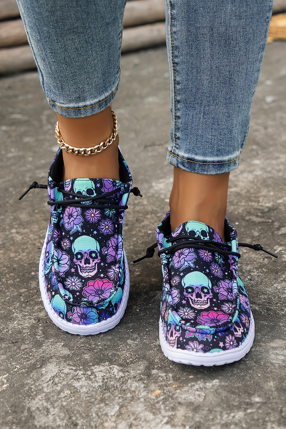Dark Blue Sugar Skull Print Lace-up Detail Halloween Flat Shoes - loveforevers