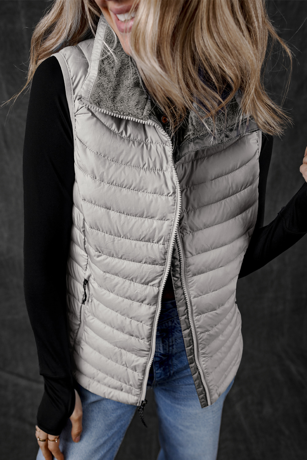 Silvery Plush Collared Quilted Zipped Puffer Vest - loveforevers