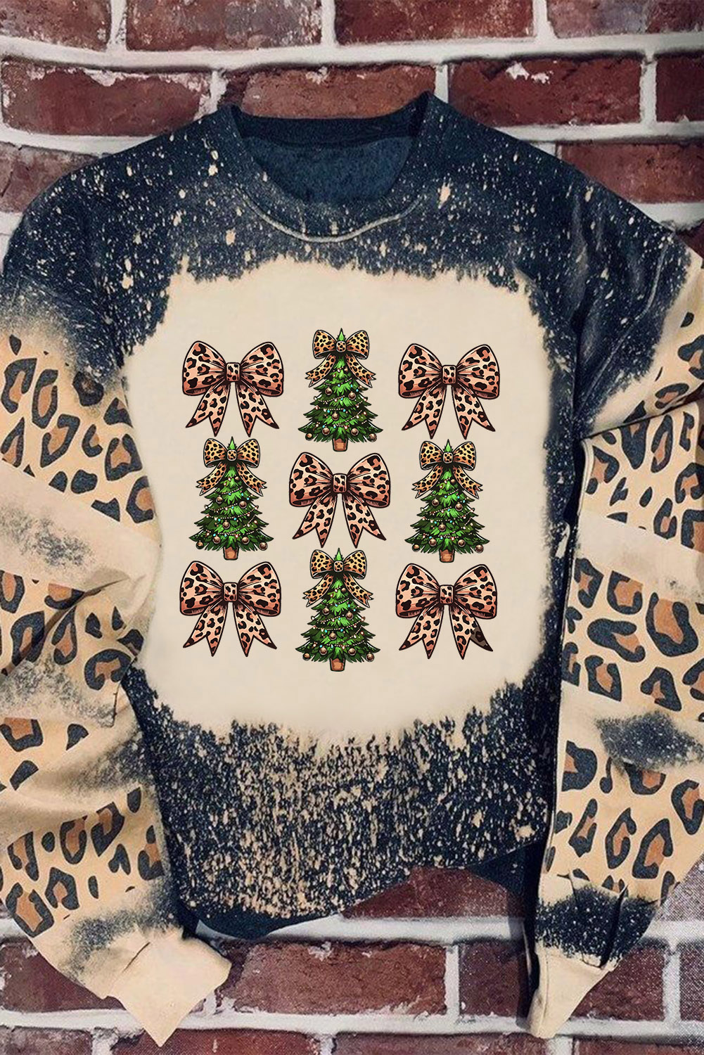 Black Leopard Bow Christmas Tree Printed Tie Dye Bleached Baggy Sweatshirt - loveforevers