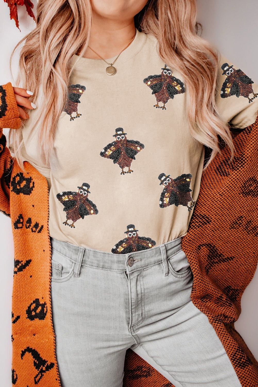 Khaki Sequined Turkey Patched Pattern Crewneck Thanksgiving T Shirt - loveforevers