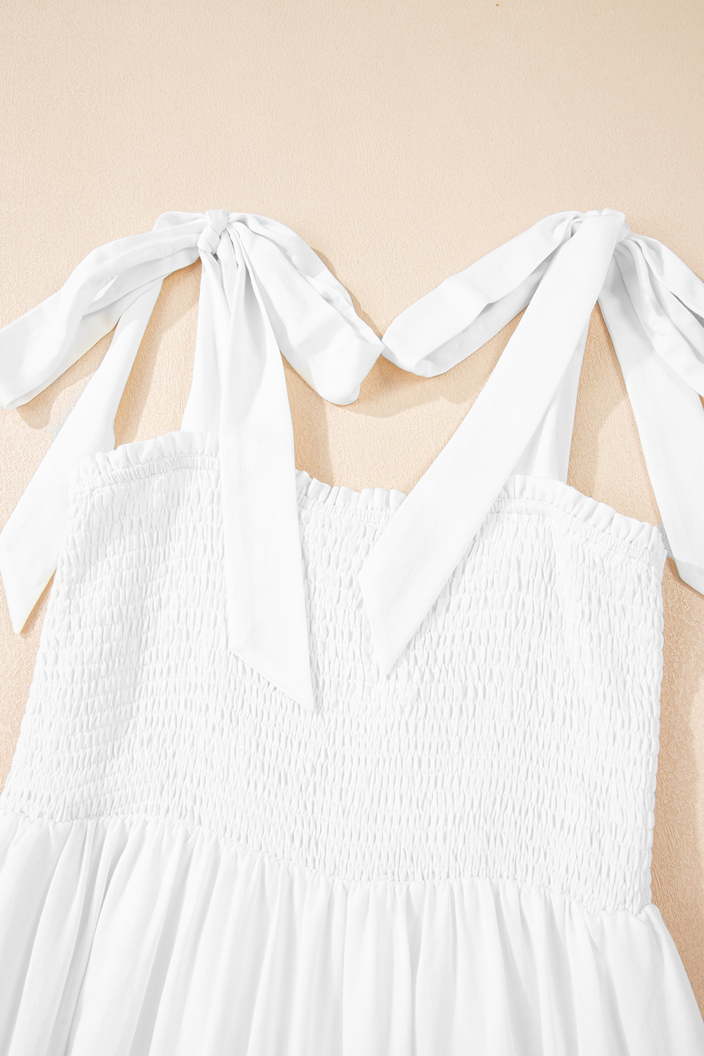 White Customizable Knot Straps Smocked Bodice Tiered Blank Maxi Dress - loveforevers