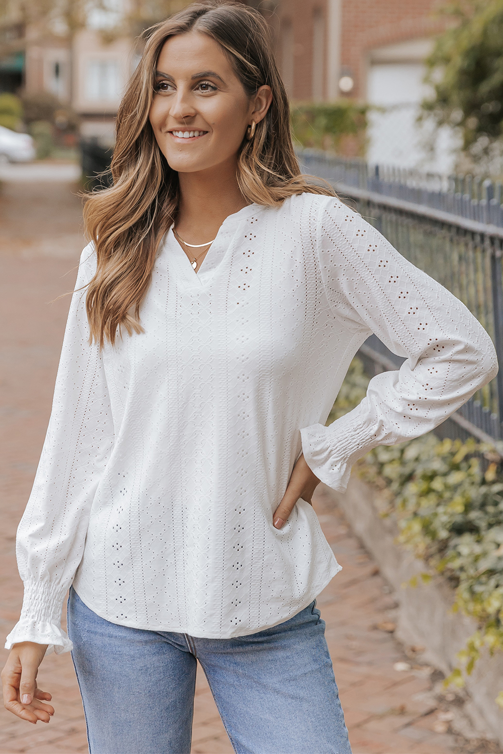White Split Neck Textured Loose Blouse - loveforevers