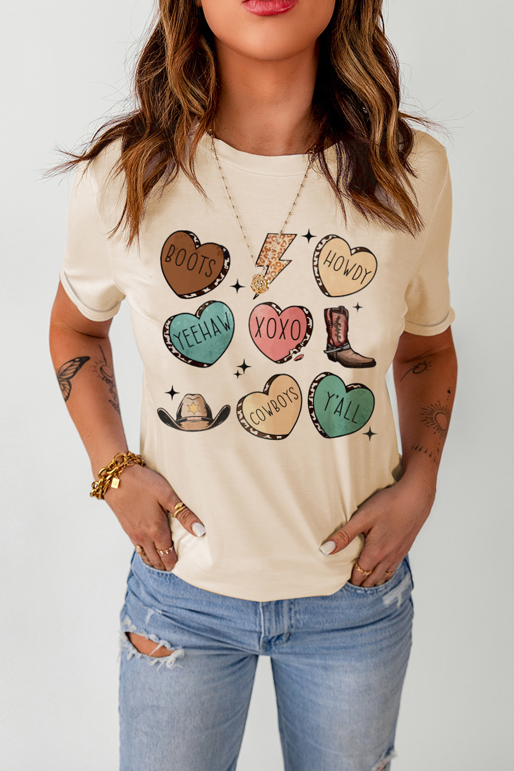 Red Leopard Striped Heart Shaped Print Crew Neck T Shirt - loveforevers