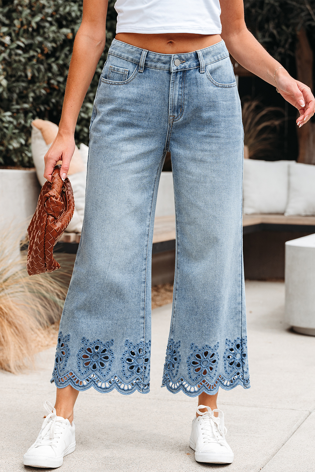 Dusk Blue Embroidered Cropped Wide Leg High Waist Jeans - loveforevers
