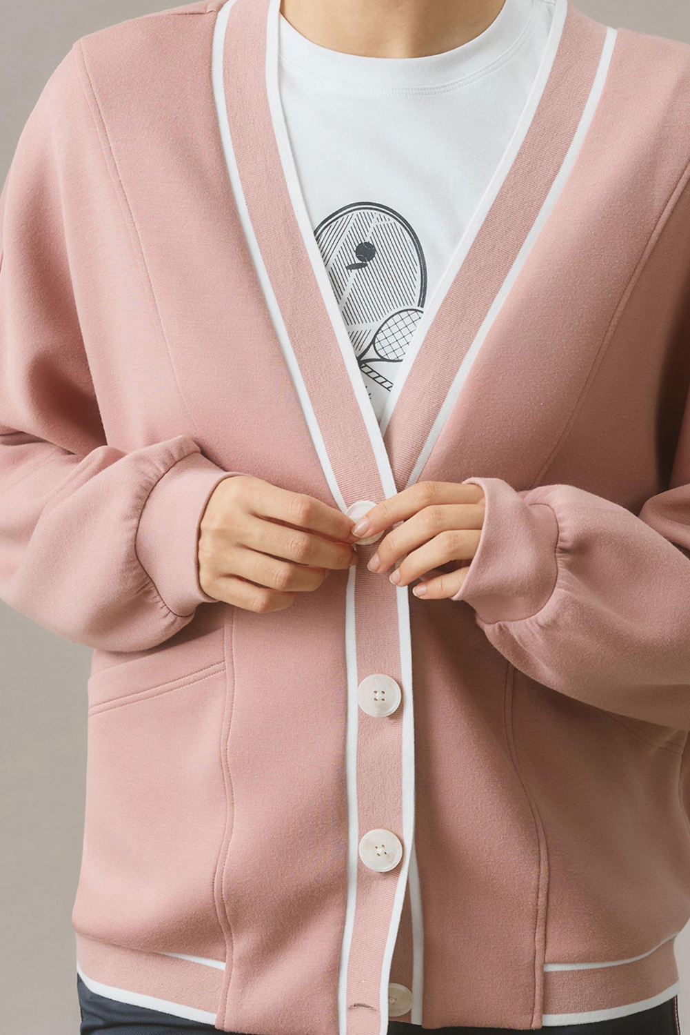 Pink Stripe Contrast Trim V Neck Buttoned Front Pocketed Knit Cardigan - loveforevers
