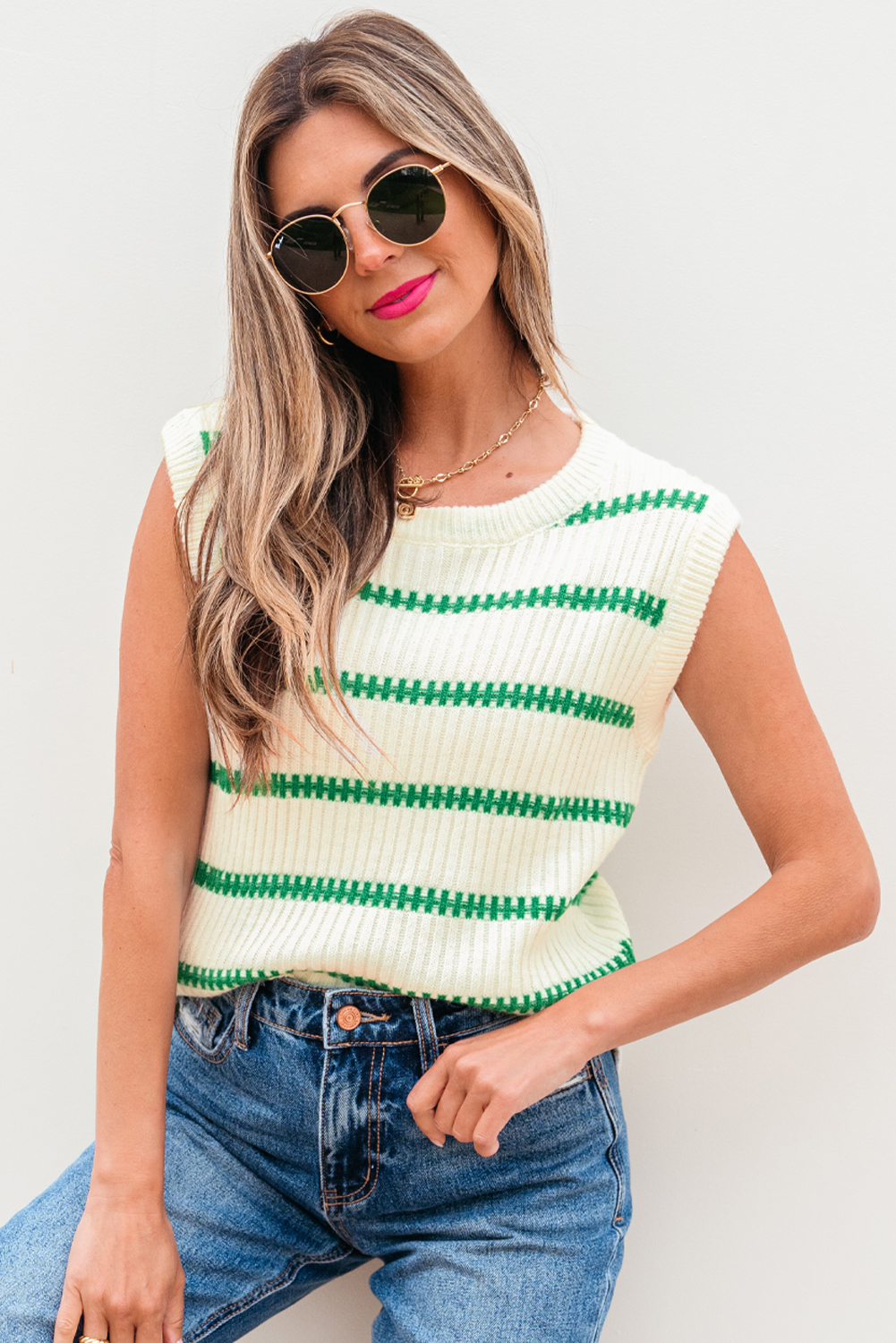 Bright Green Striped Round Neck Casual Sweater Vest - loveforevers