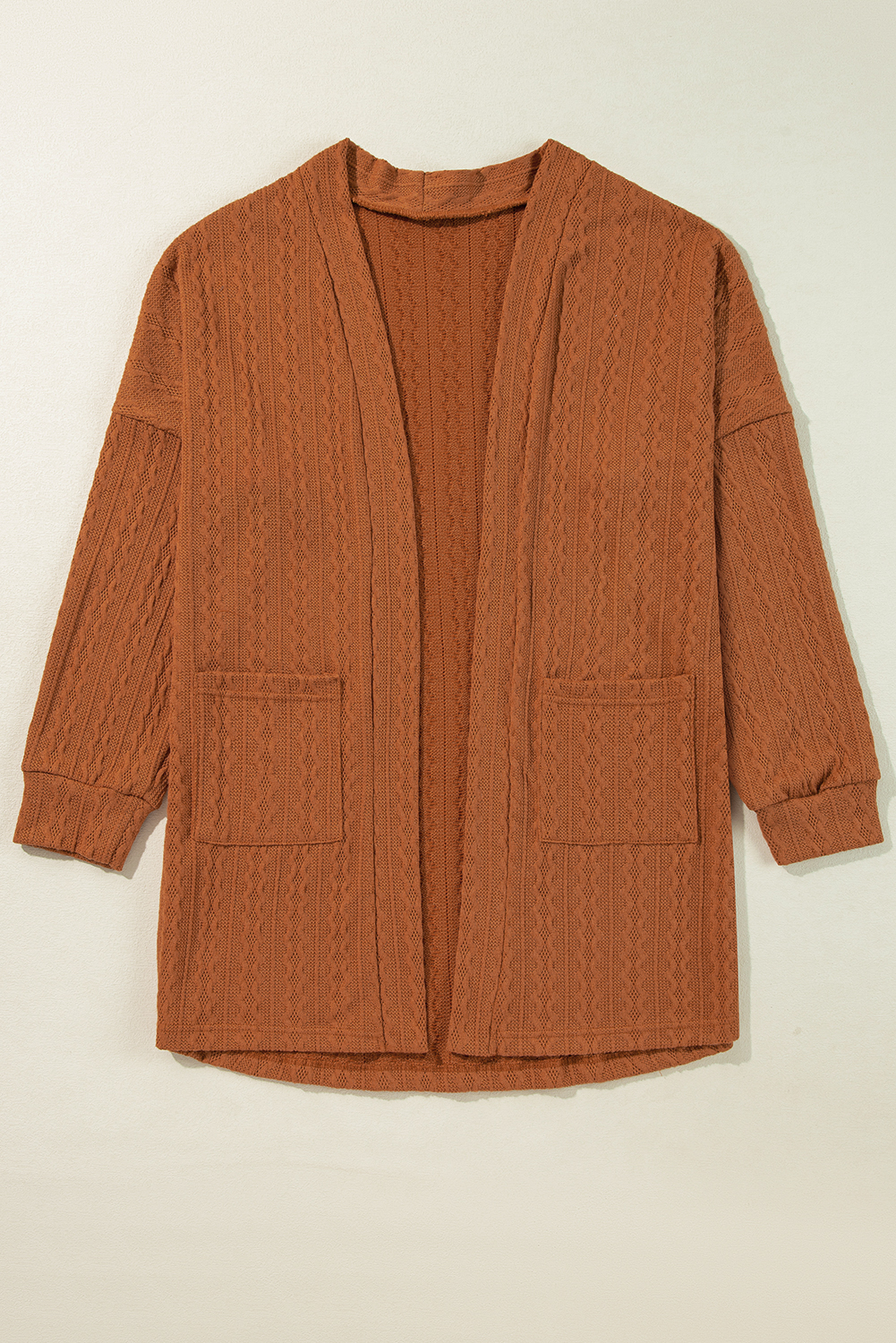 Chestnut Textured Knit Side Pockets Open Front Cardigan - loveforevers