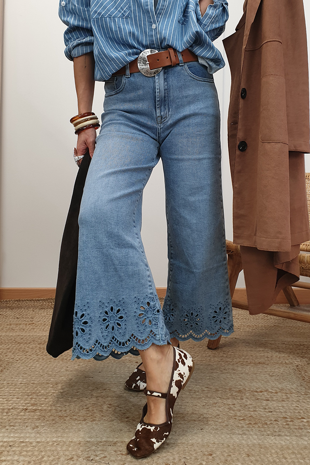Dusk Blue Embroidered Cropped Wide Leg High Waist Jeans - loveforevers