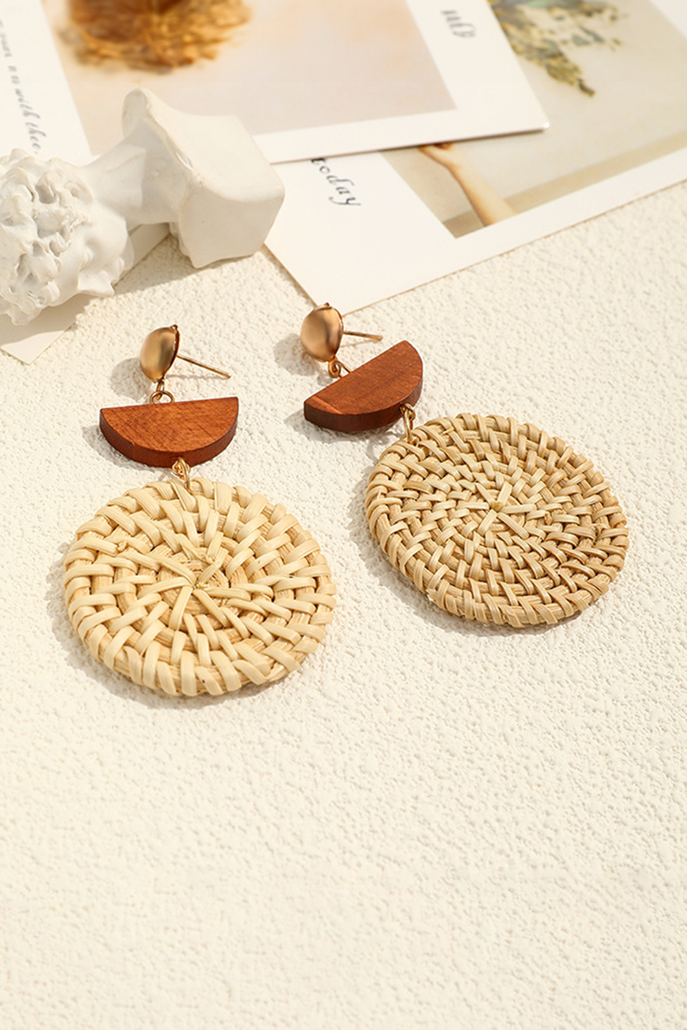 Beige Wooden Woven Disc Dangle Earrings - loveforevers